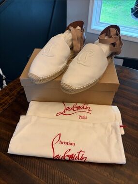 Christian Louboutin White and Tan Espadrille Slingback Flats